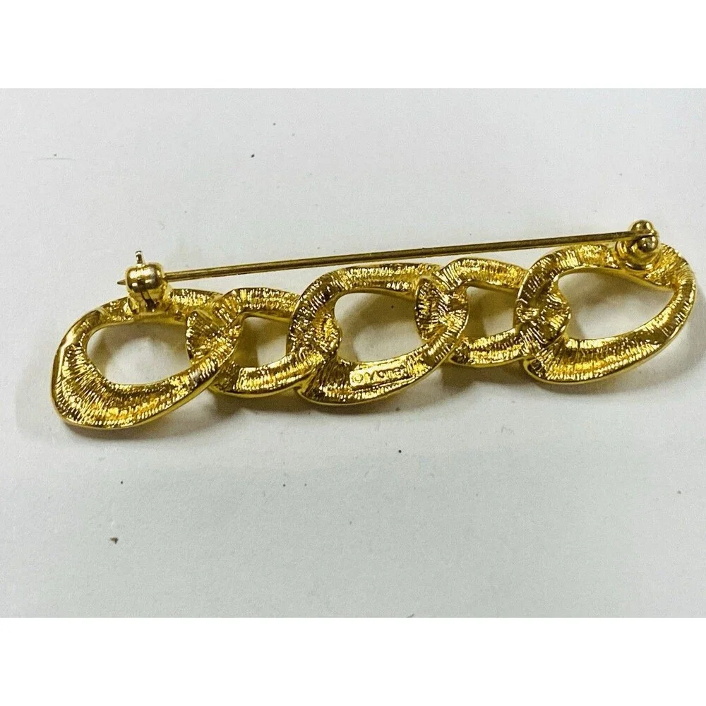 Lot 2 Vintage Monet Brooches Gold Tone Ribbon Curl Chain Link 1980s Signed